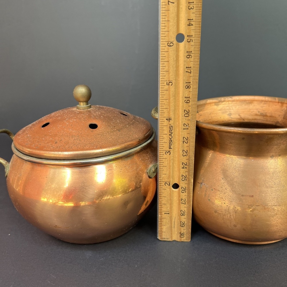 VTG Copper Potpourri Pot Primitive Copper Cachepot Cauldron x2 Taiwan Decor Set - Picture 11 of 11